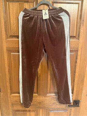 EASEL NWT Brown Velvet Track Pants with gray Side Stripe